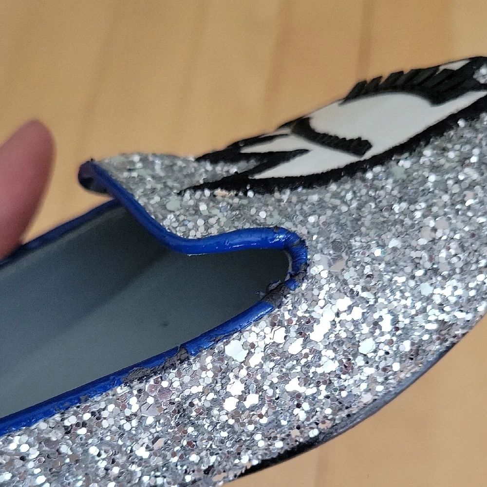 Chiara Ferragni Silver Glitter Flirting Eye Eyelash Flat Loafers - 36